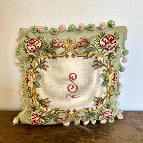 Vintage Needlepoint Pillow with Rose Motif | Cottagecore - Picture 1 of 4